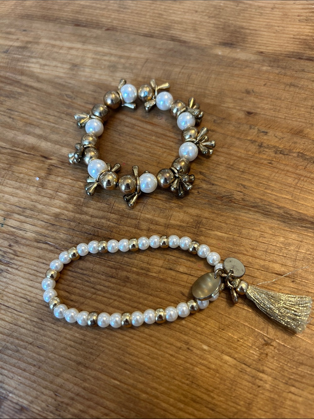 J. Crew White Pearl and Antique Gold-Tone Bead Bracelet Set